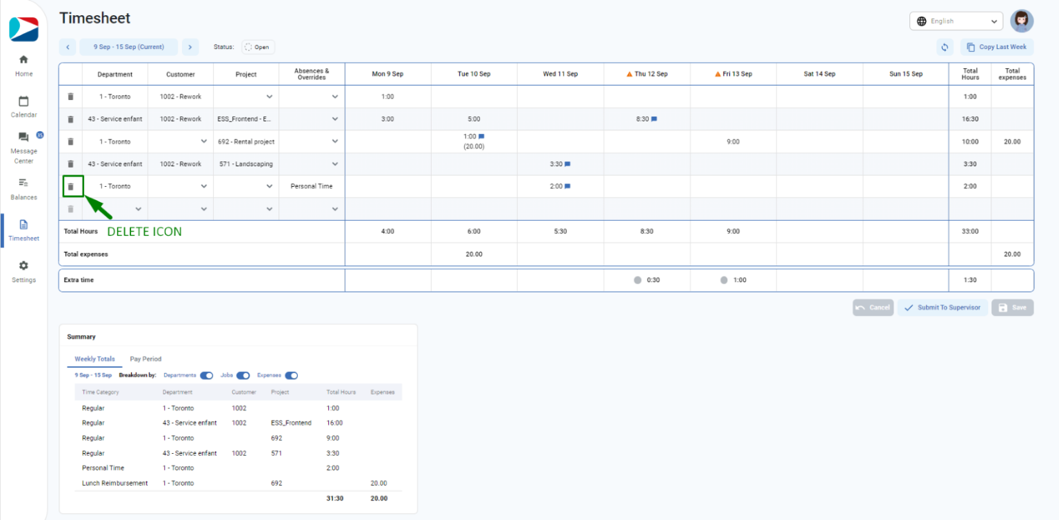 ESS Timesheet: Delete a Row – Synerion Agile Help